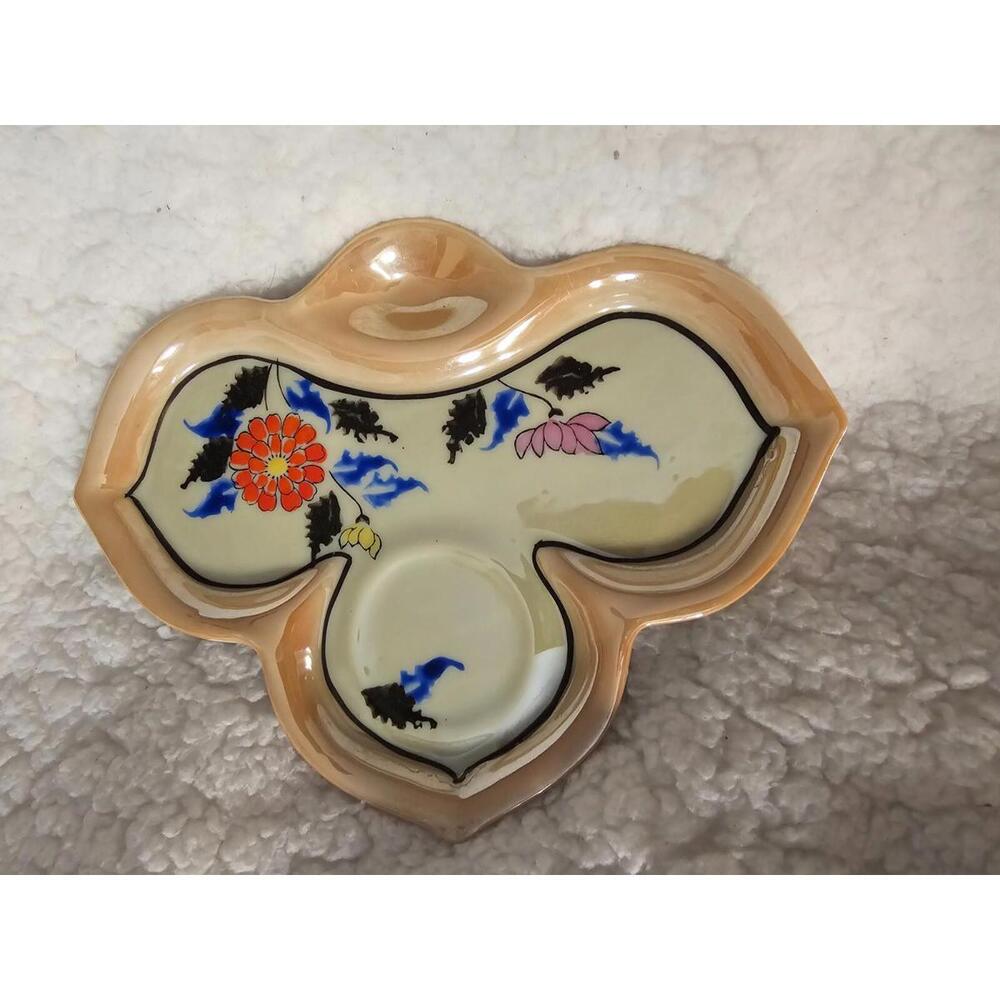 Vintage Peach Gold Luster Snack Clover Server Plate Japan Flower 8" x 6.5" Decor